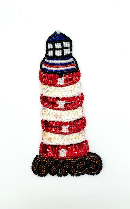 Lighthouse with Red and  Iridescent White Sequins and Beads 6" x 2.75"