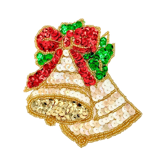 A Christmas-themed sequin patch featuring two bells with a red and green sequin bow and holly leaves, outlined in gold sequins, on a plain white background.