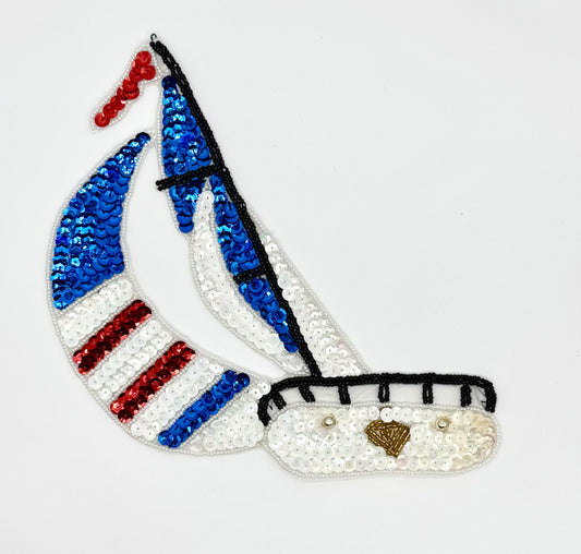 Sailboat with Red, Iridescent White and Blue Sequins and Gold, Black, White and Blue Beads 8" x 7"