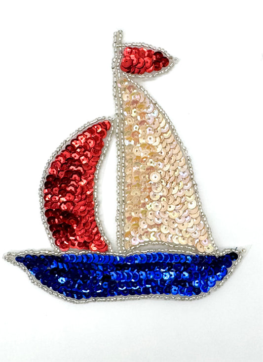 Sailboat with Beige Red and Blue Sequins and Silver Beads 5.5" x 5"