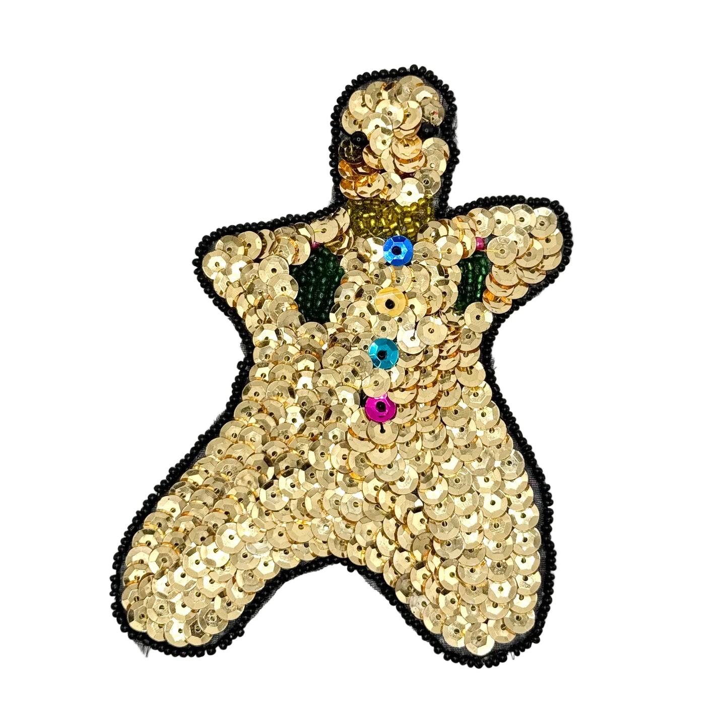 A gingerbread man-shaped sequin embellishment patch on a white background. The patch is covered in gold sequins with a black bead border, a gold collar, and colorful buttons in blue, yellow, orange, pink, and green.