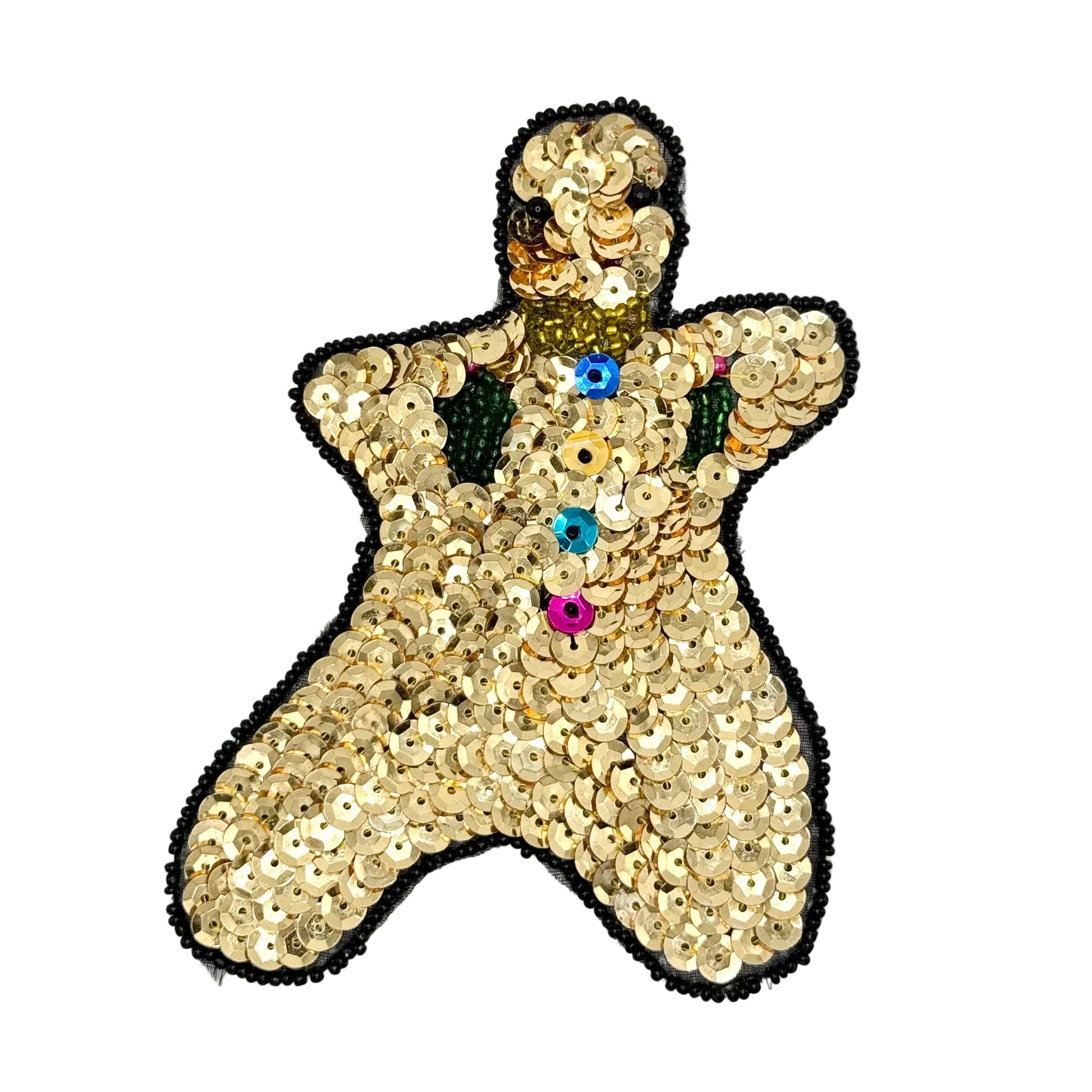 A gingerbread man-shaped sequin embellishment patch on a white background. The patch is covered in gold sequins with a black bead border, a gold collar, and colorful buttons in blue, yellow, orange, pink, and green.