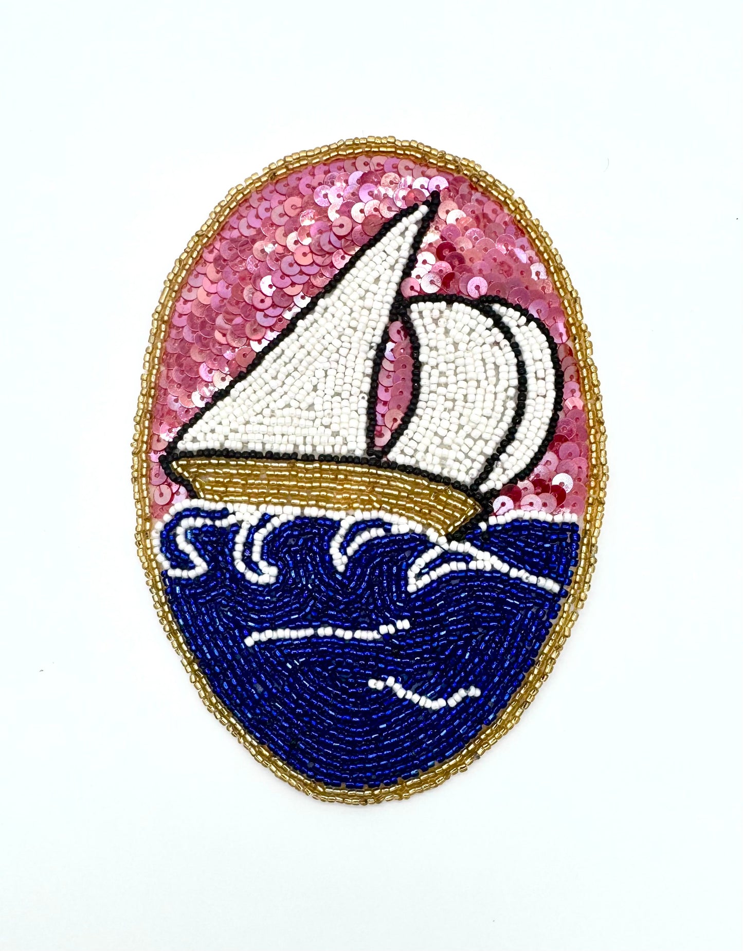 Sailboat Patch - Dark Pink Sequins - Multicolored Beads 6.25" x 4.5"