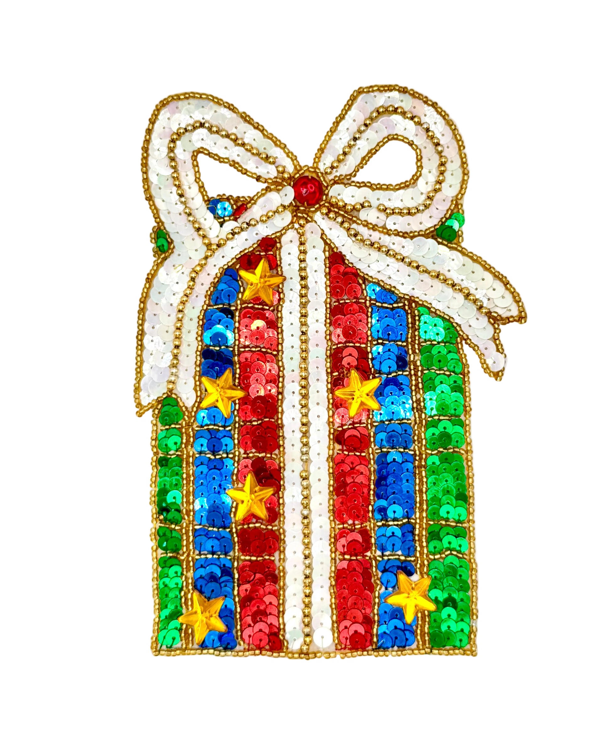 A Christmas gift box sequin patch with a white bow, red, blue, and green striped body, and gold star accents on a white background.