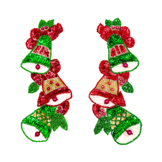 A pair of Christmas-themed sequined appliques featuring green bells, red berries, and gold patterned details on a white background.
