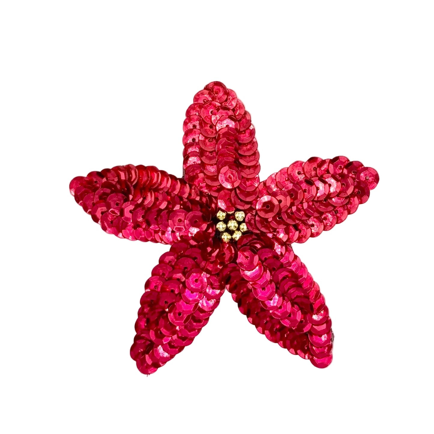 A poinsettia sequin embellishment in vibrant red, featuring a small gold beaded center, shown on a plain white background.