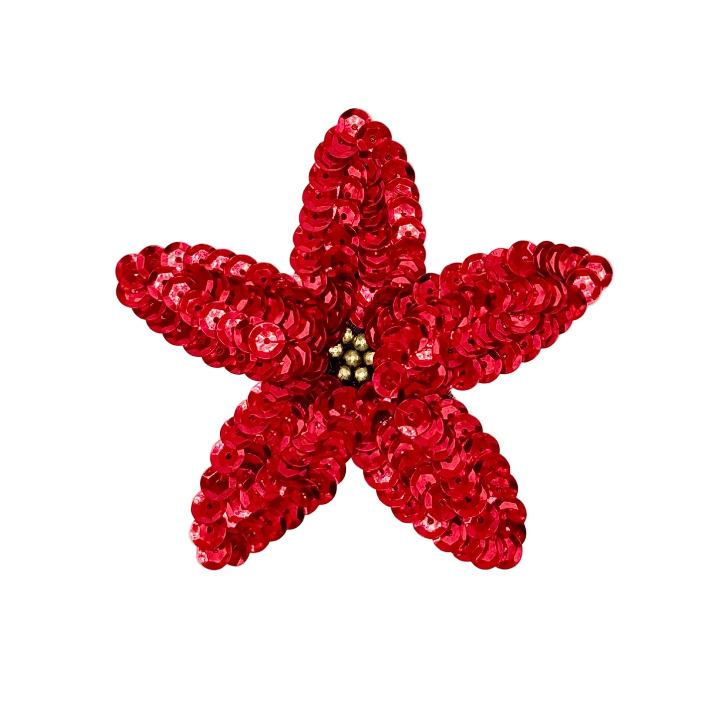 A red sequined poinsettia embellishment with a small metallic gold center, shown on a plain white background.