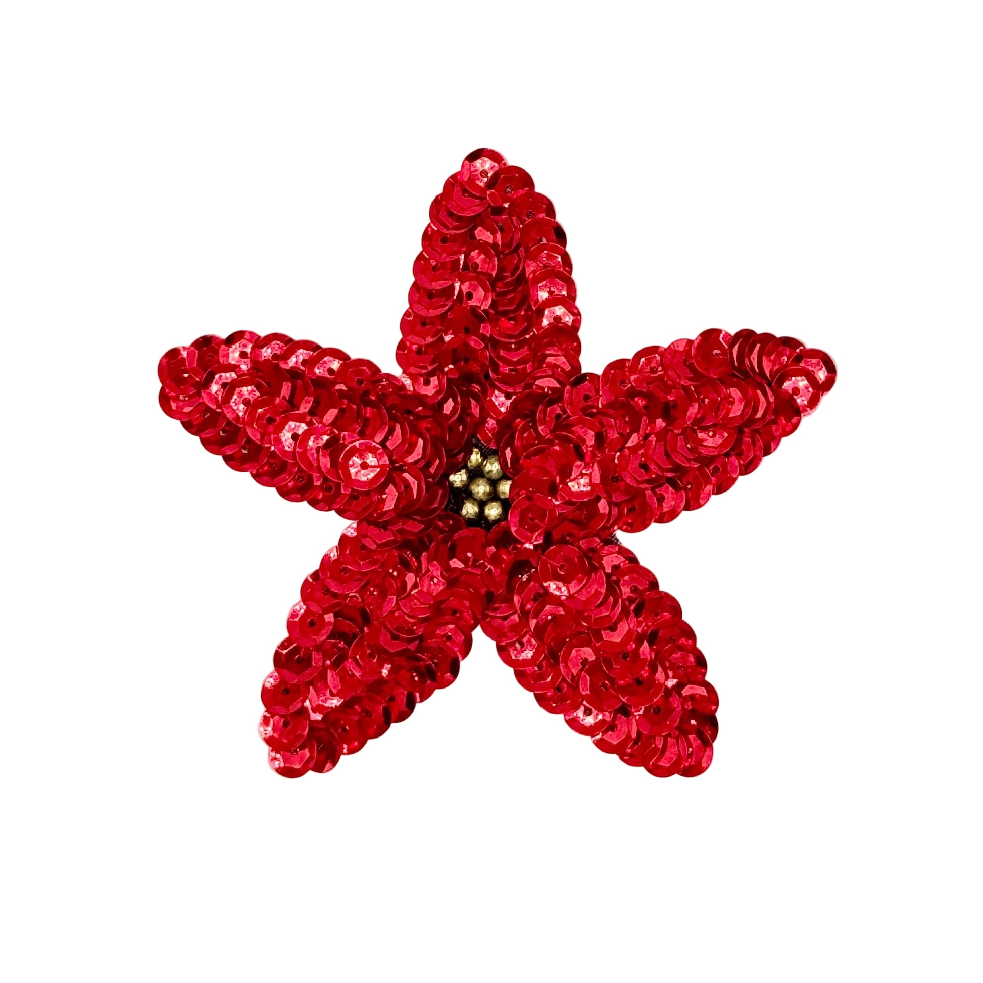 A red sequined poinsettia embellishment with a small metallic gold center, shown on a plain white background.