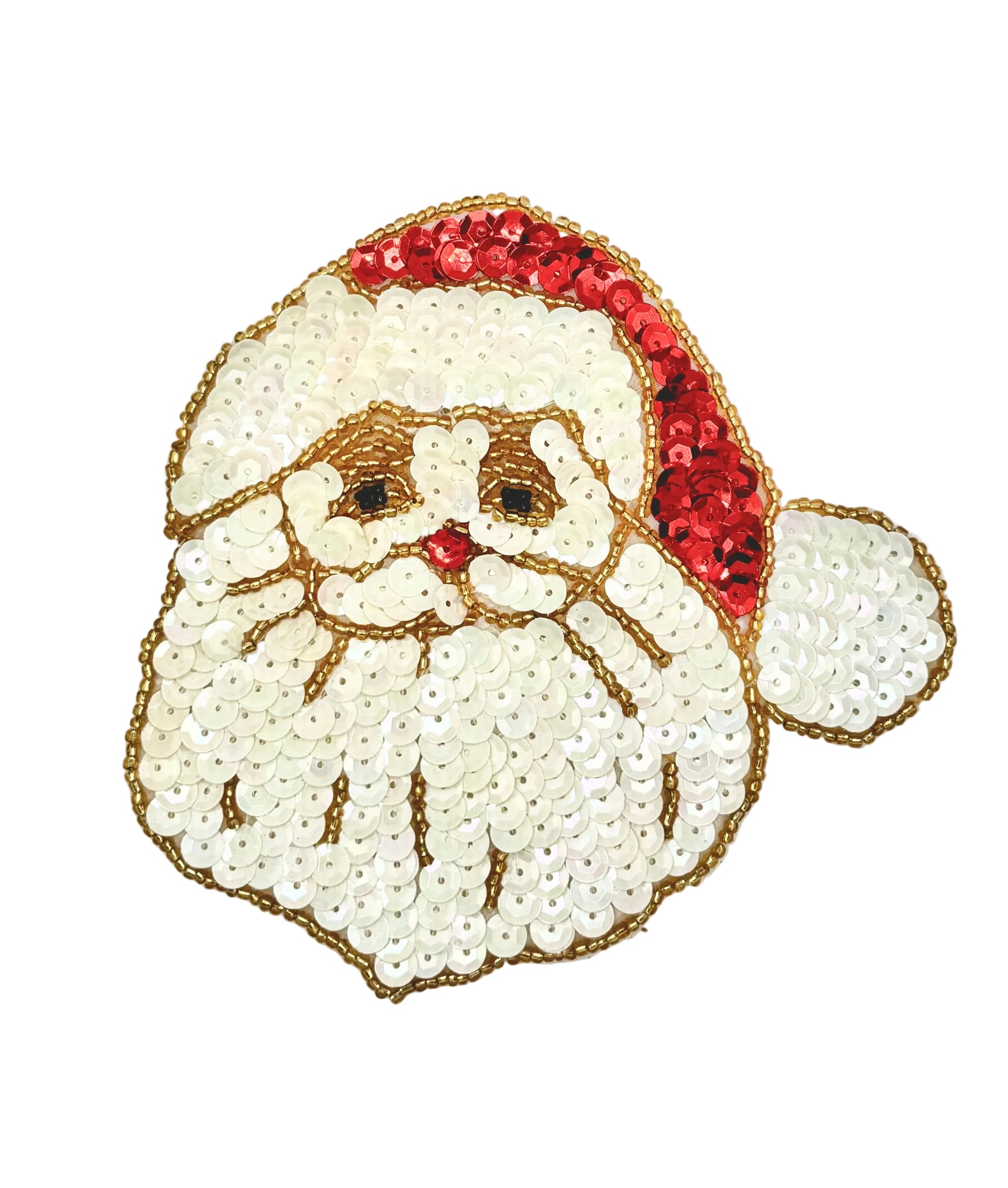 A festive Santa Claus face patch made of white and red sequins with gold embroidered outlines, shown on a plain white background.