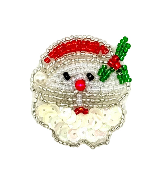 Santa Face with Hat and Holly - Sequins and Beads - 1.75” x 1.5”