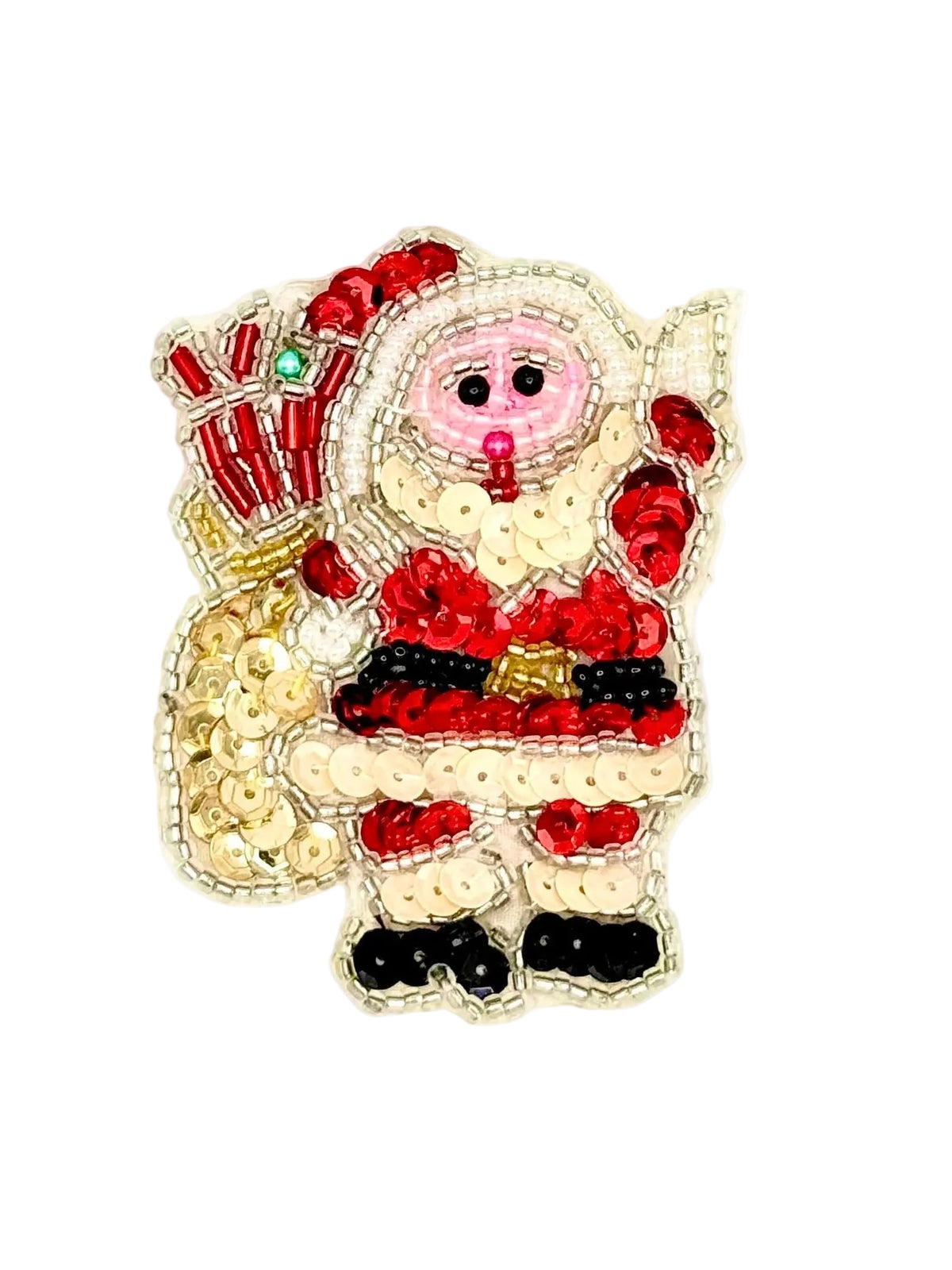 A Christmas-themed sequin patch depicting Santa Claus with a pink face, red and cream sequins, a black belt, and a red-and-white sack, shown on a plain white background.