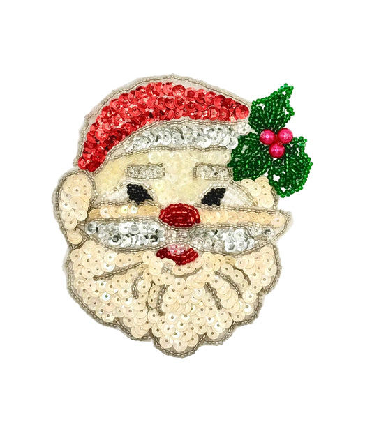 Cara de Santa con barba blanca y gorro rojo con ribete amarillo de 2.75" x 2.25"