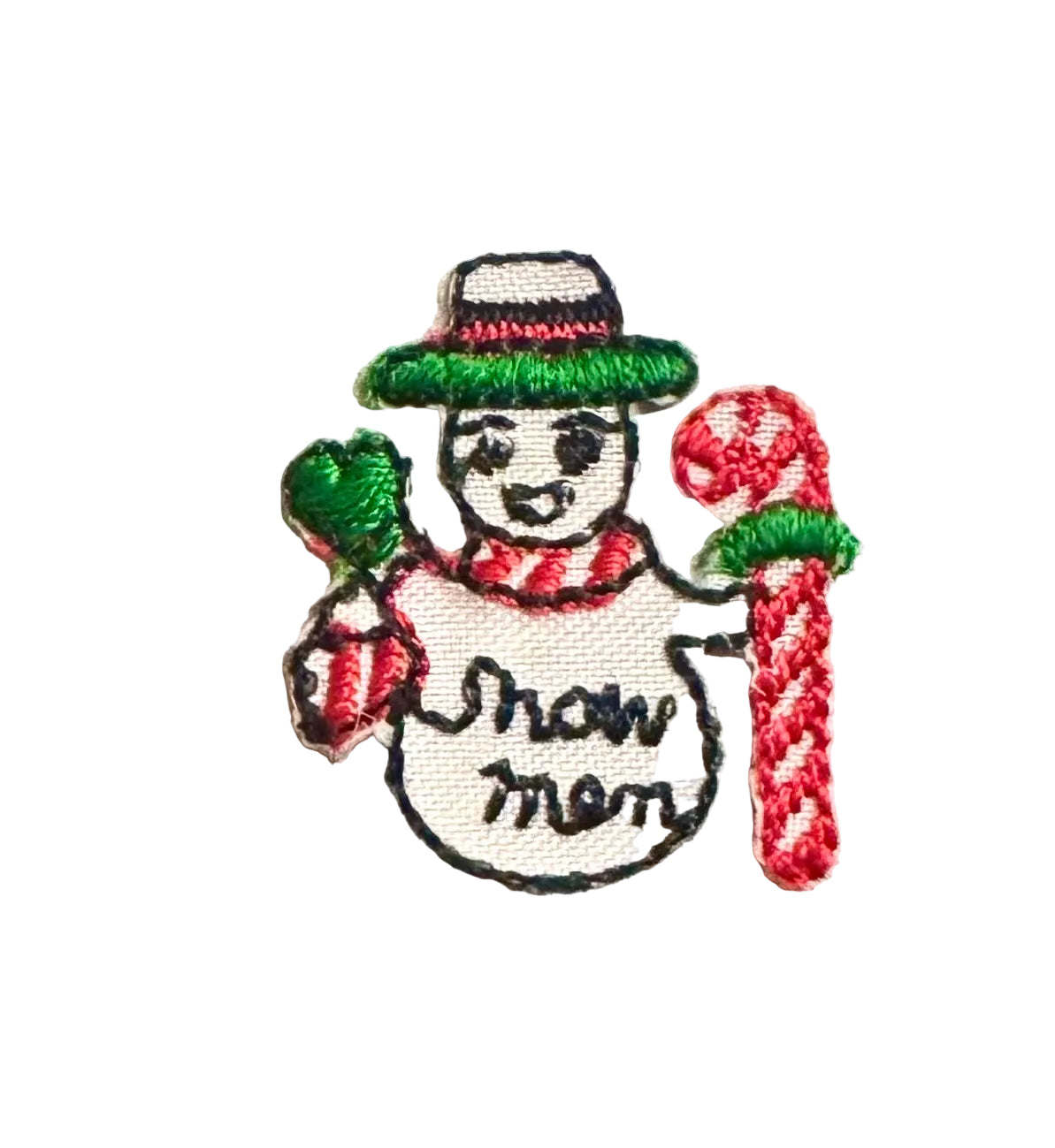 An embroidered patch of a snowman holding a candy cane, with the text 'snow mom' stitched on its belly, on a textured white background.