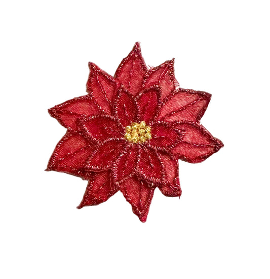 Embroidered Poinsettia Iron-On Patch - Red and Gold Embroidery - 1.75"
