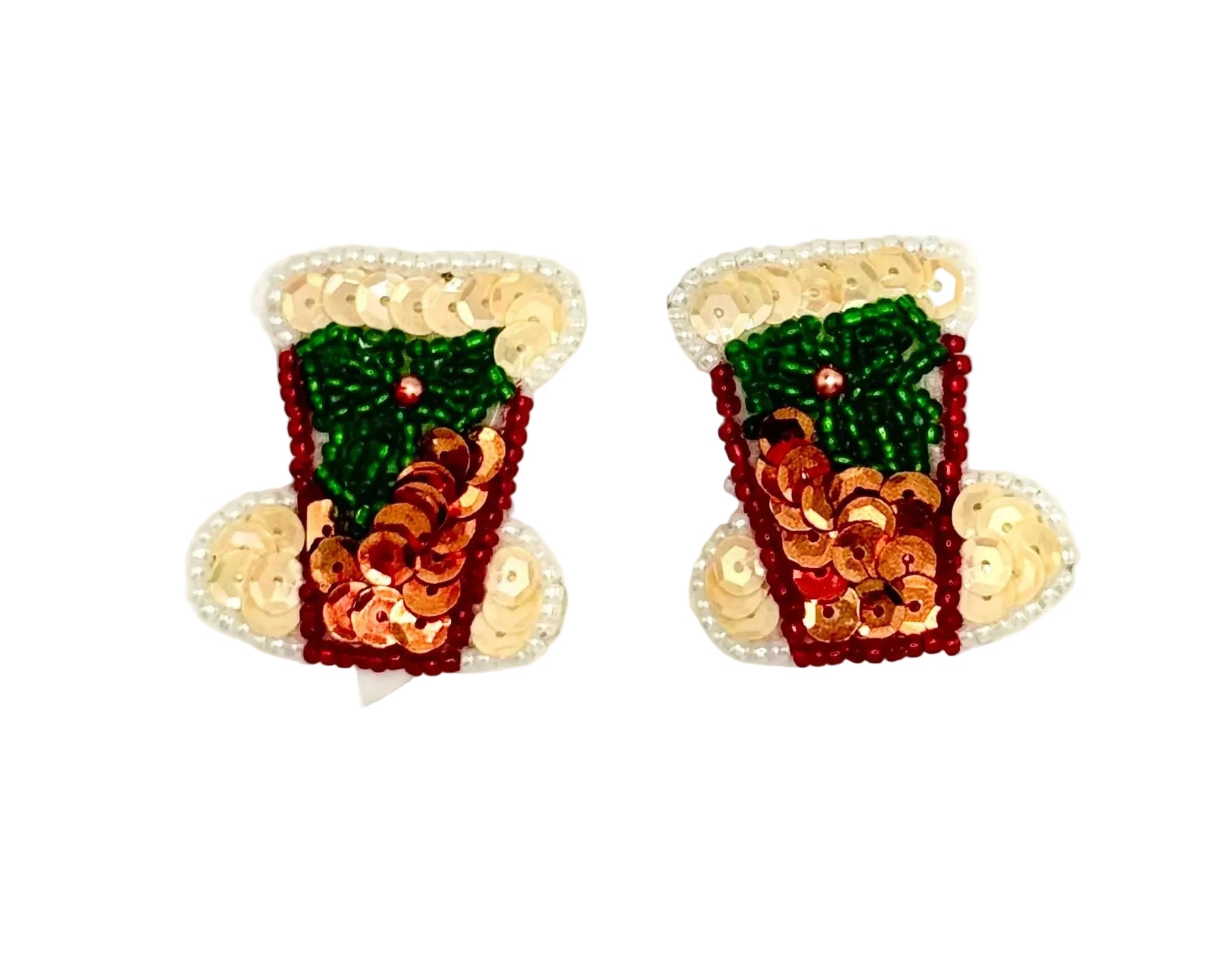 A pair of Christmas stocking sequin embellishments on a plain white background. Each stocking features green beaded knit details, red beaded trim, copper sequins, and white pearlized trim.