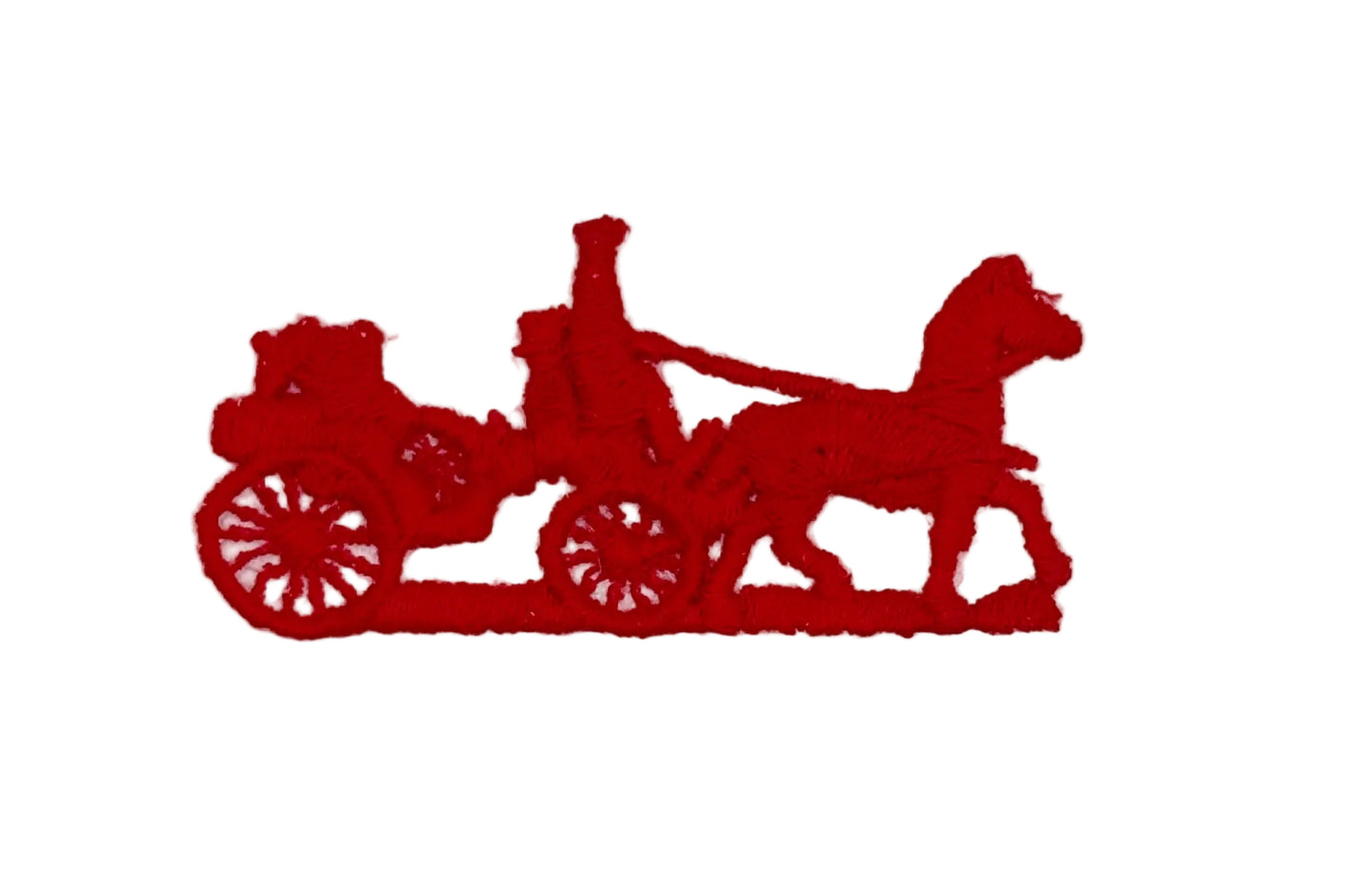 A red embroidered patch depicting a horse-drawn carriage silhouette, shown on a plain white background.