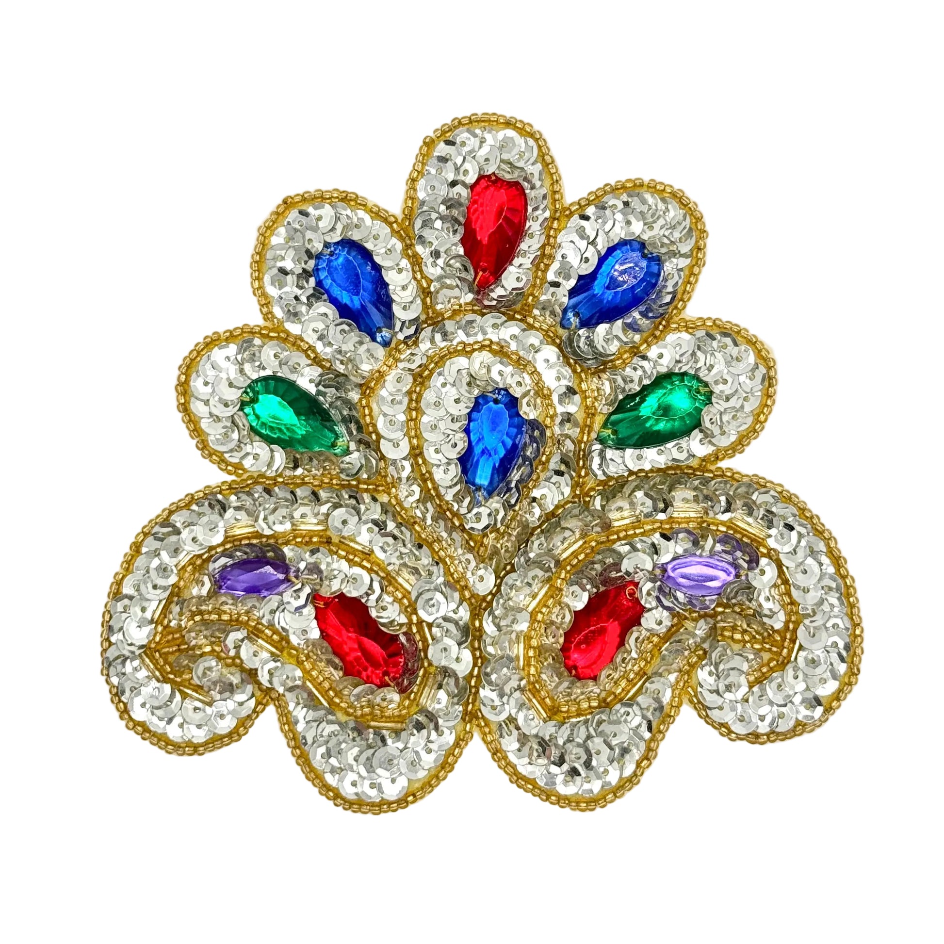 A decorative sequin and bead embellishment featuring a peacock-inspired floral design with silver sequins, gold metallic outlines, and colorful faux jewels in red, blue, green, purple, and white on a plain white background.