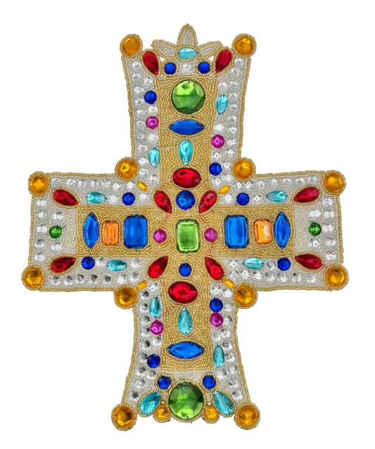 An ornate beaded cross patch featuring a gold-tone beaded base densely decorated with multicolored faux jewels, including red, blue, green, pink, and orange, set against a plain white background.