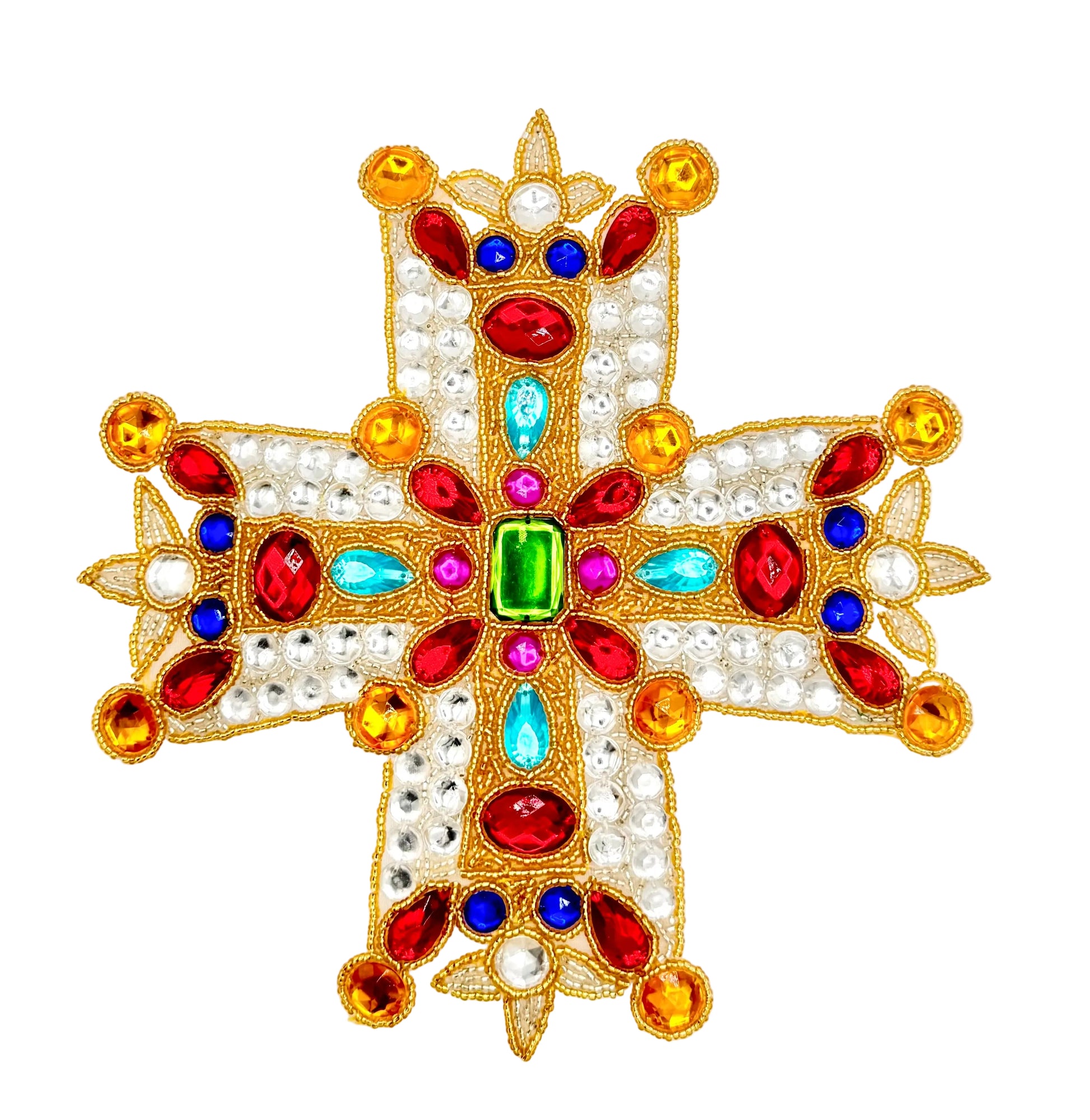 A decorative beaded cross patch with a gold-tone embroidered border, adorned with faux pearls, red, blue, light blue, green, and pink rhinestones, and gold-tone beads, shown on a plain white background.