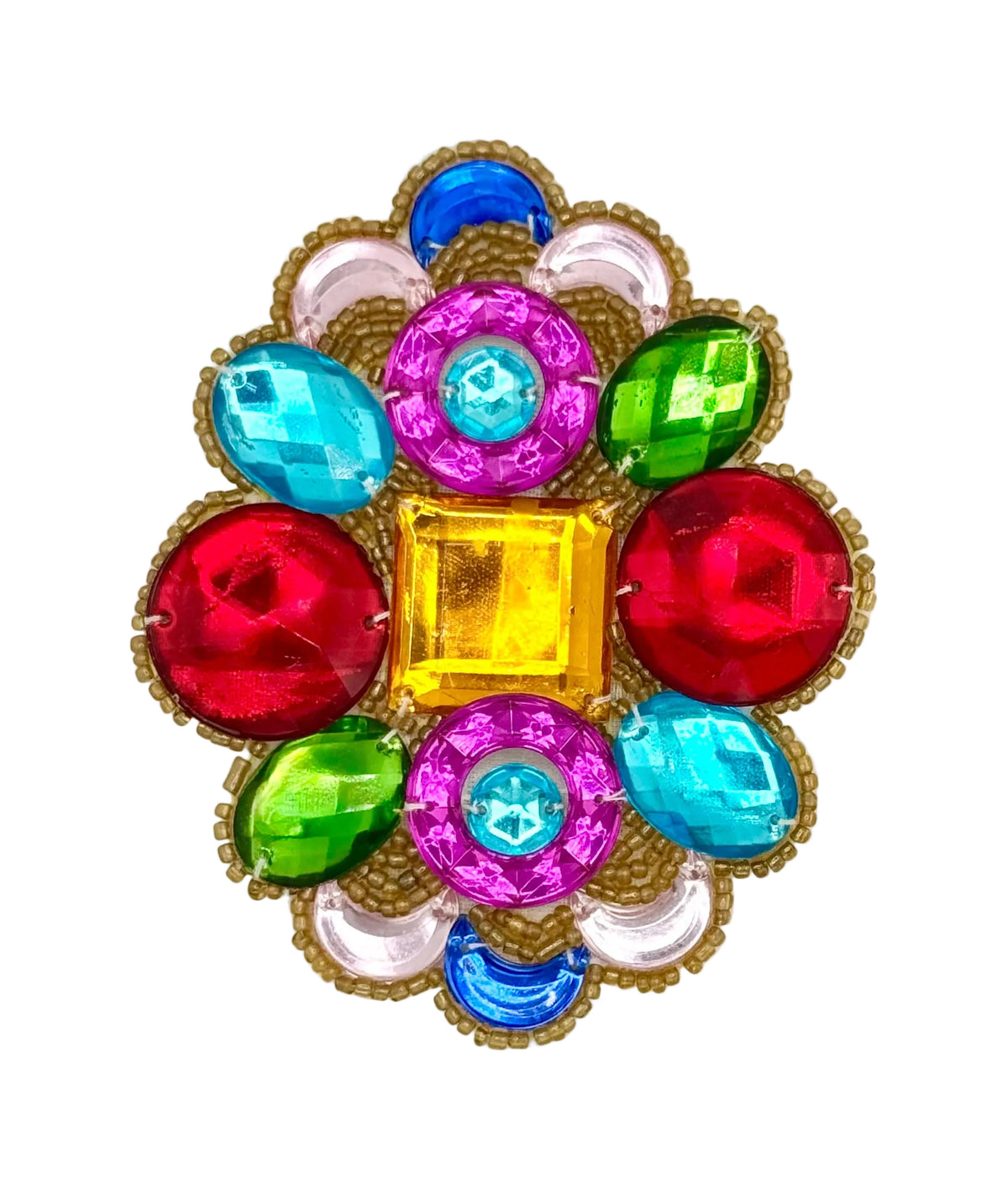 A decorative beaded patch or applique featuring a central yellow square surrounded by colorful faceted rhinestones in red, light blue, green, magenta, and dark blue, all set in gold-toned thread on a white background.