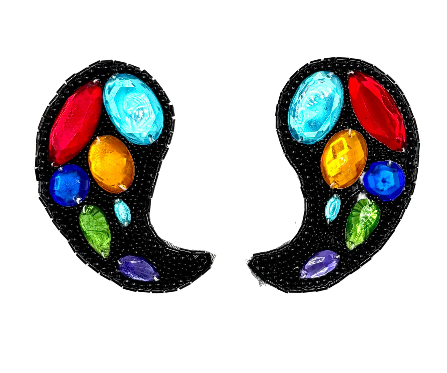 A pair of black beaded paisley patches embellished with colorful faux rhinestones in red, light blue, yellow, dark blue, green, purple, and light blue, shown on a plain white background.