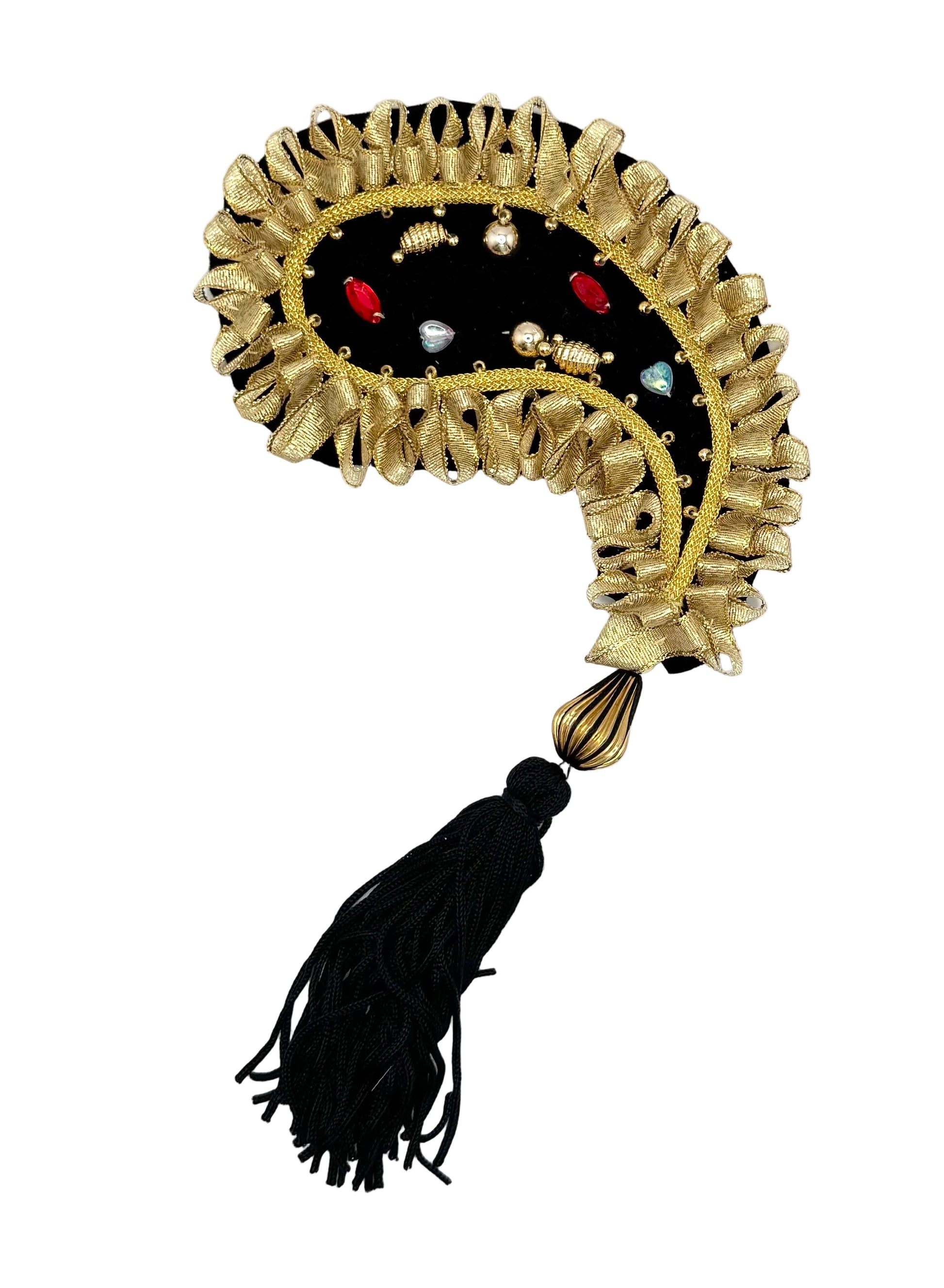 A decorative black and gold beaded paisley patch with faux ruffles, small bead details, and a black tassel, shown on a plain white background.