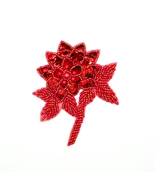 Flower with Red Sequins and Iridescent Red and Red Bead Leaves 4" x 3.5"