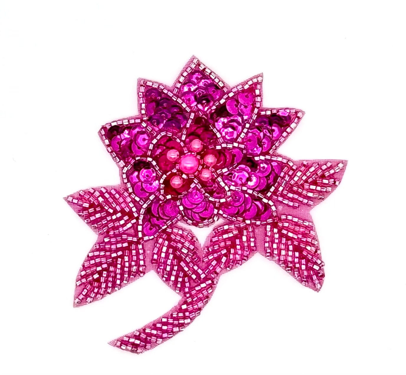 Flor fucsia con lentejuelas fucsia y cuentas y perlas rosas 10 x 9 cm