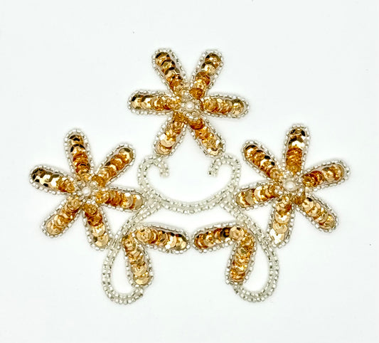 Triple Flower with Gold Sequins, Silver Beads and Pearl Pearl 5" x 4" Choice of Spotlight Gold or Regular Gold