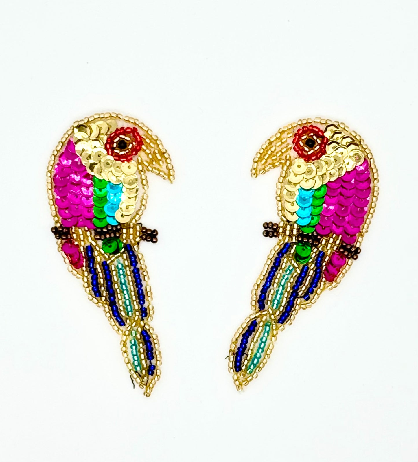 Parrot Pair Perched on Branch with Multicolored Sequins and Beads 3.5" x 1.5"