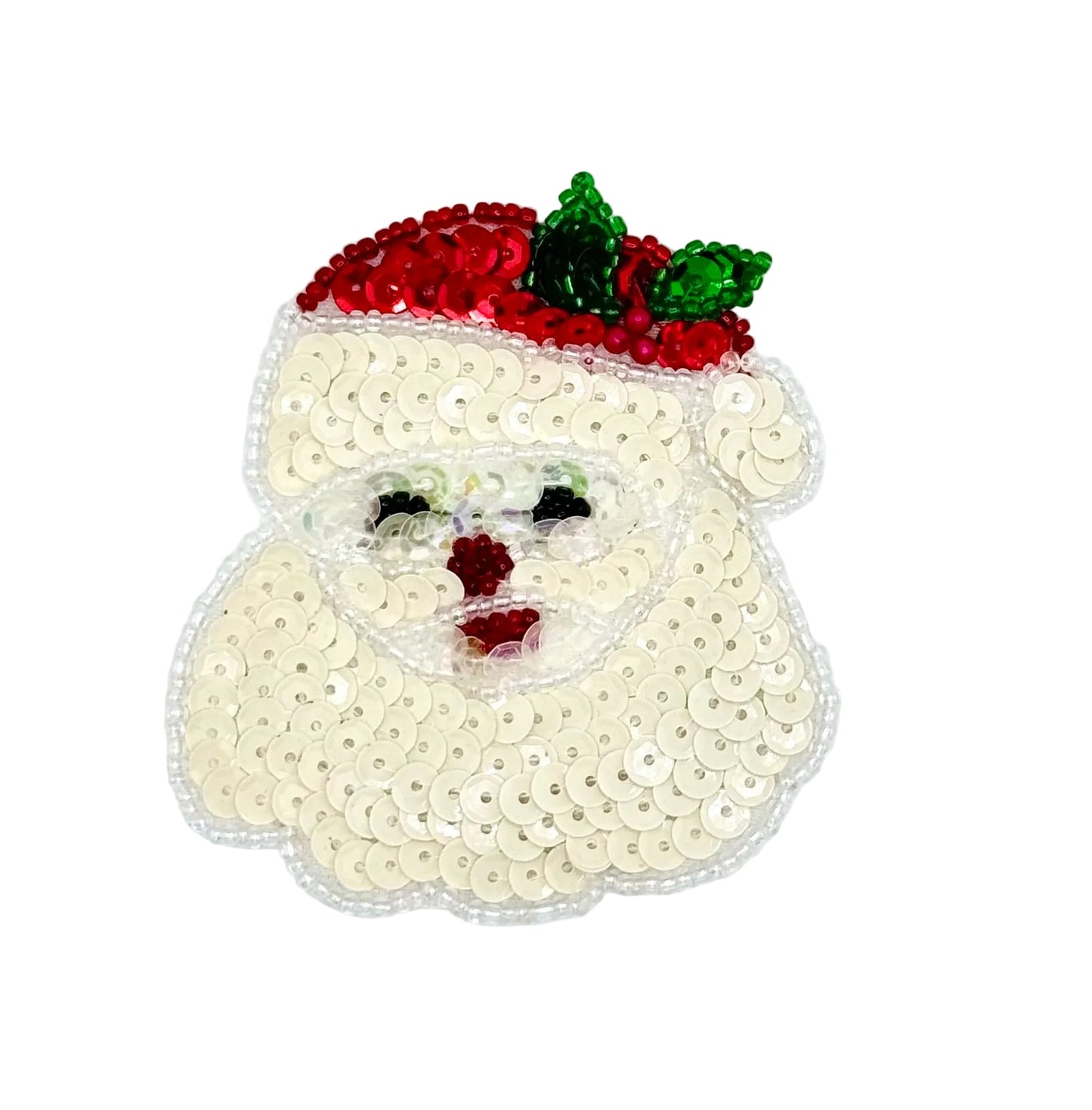 A Santa Claus face patch made of cream sequins with red and green sequin accents on a white background.