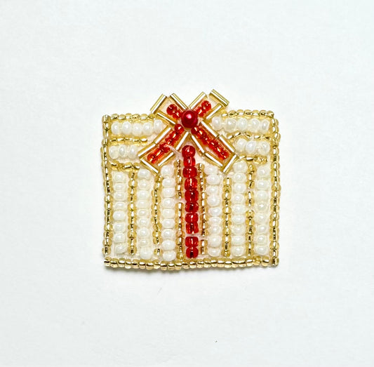 Wrapped Christmas Present with Gold, Red and White Beads 1.5" X 1.5"