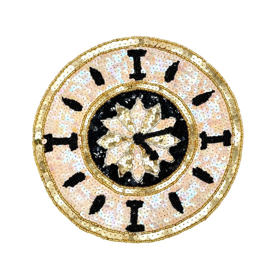 Clock Appliqué with Black, Gold and Iridescent White Sequins and Black and Gold Beads 7.5"