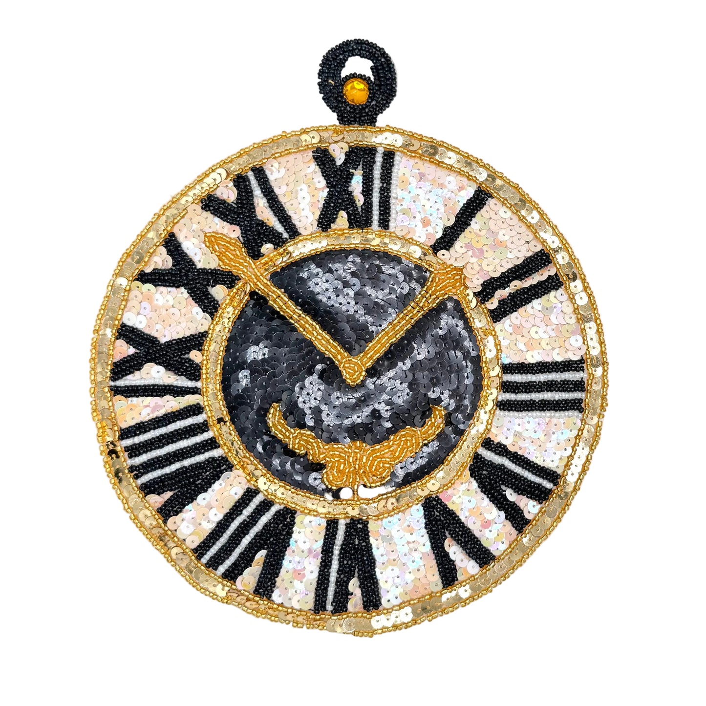 Clock Appliqué with Black and Gold Beads - Cream Sequins 8.75" x 7.5"
