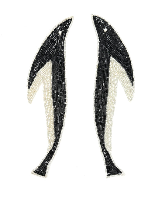 Designer Motif Whale Pair with Black and Silver Beads - White Bead Eyes 8.5" x 2"