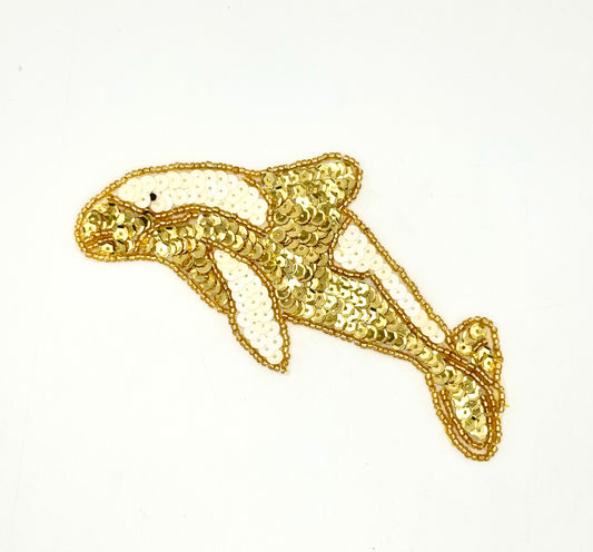Killer Whale with Gold and White Sequins and Gold Beads 5.75" x 3"