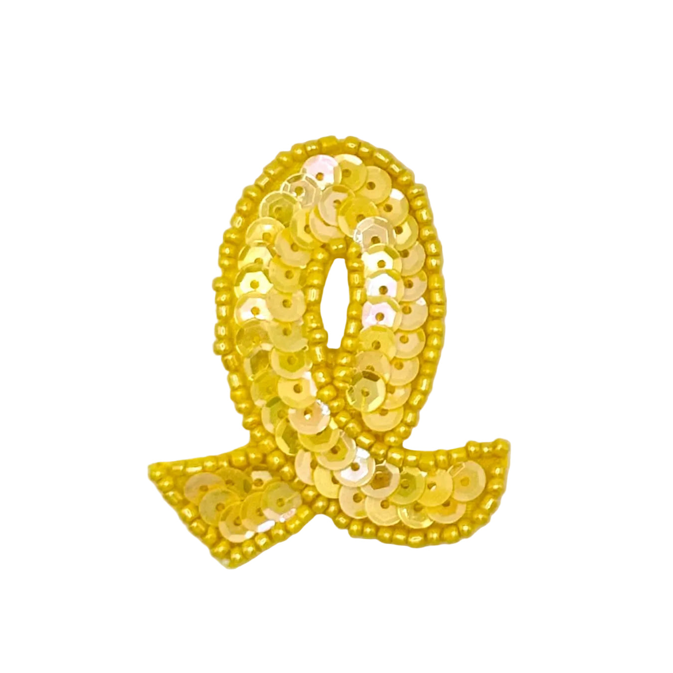 A Yellow sequin ribbon-shaped patch on a plain white background.