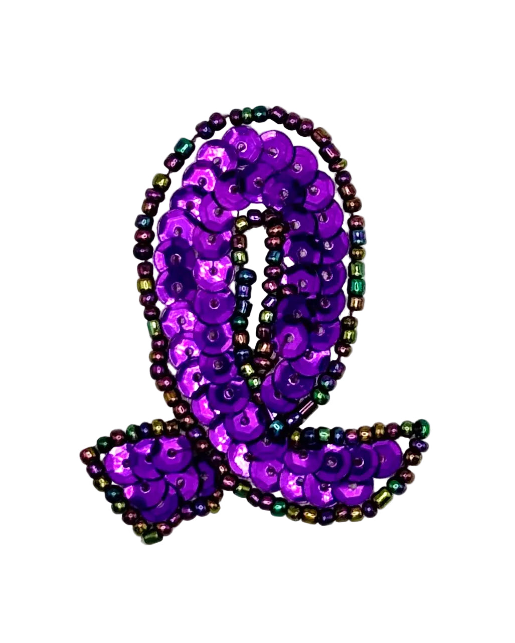 A purple sequin and bead ribbon-shaped patch on a plain white background.