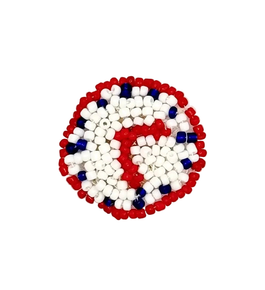 A circular beaded clock patch featuring a patriotic red, white, and blue design, photographed on a plain white background.