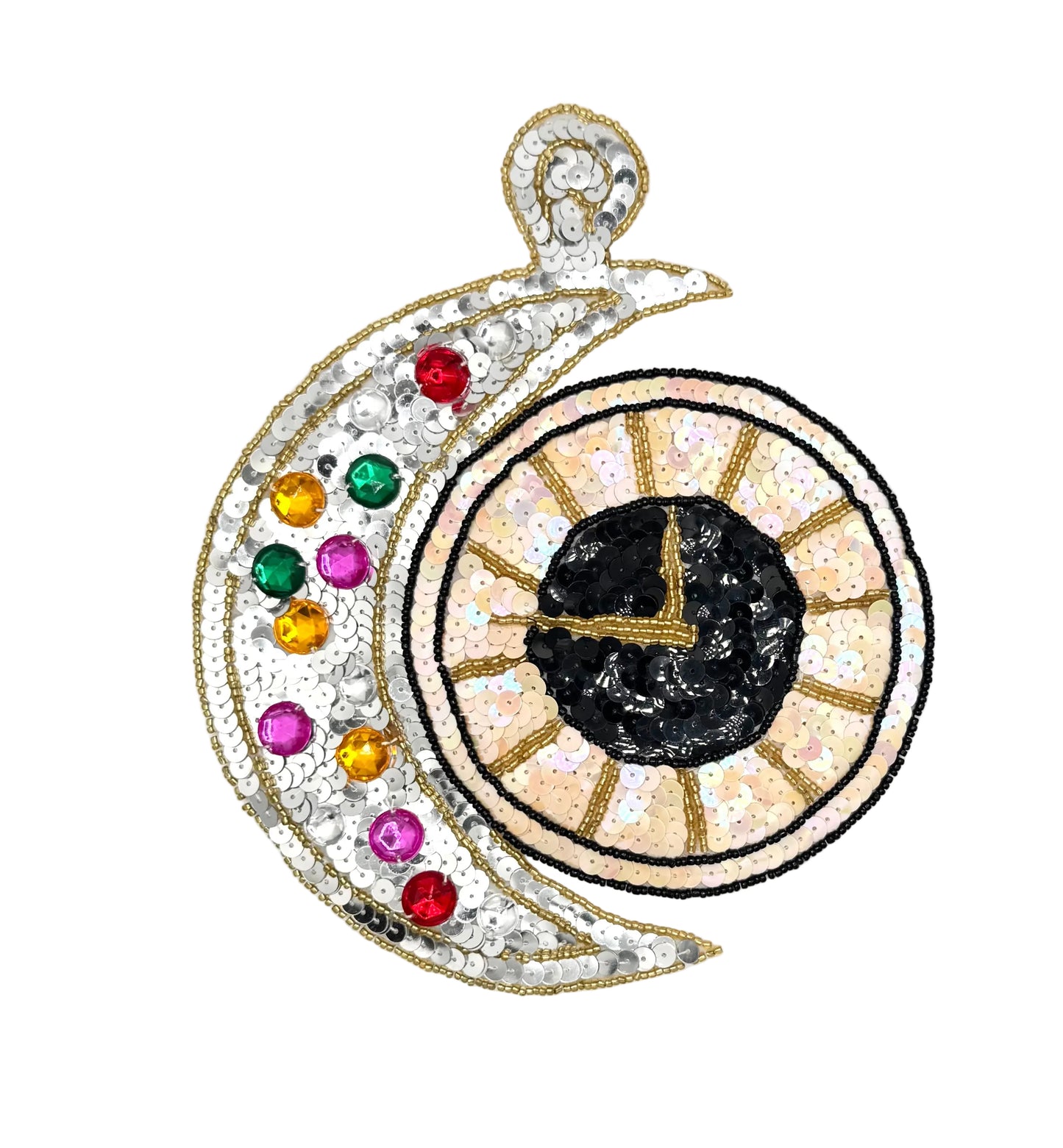 An sequin crescent moon and clock patch featuring a black center, gold hands, a cream-colored sunburst dial, and a silver crescent adorned with colorful rhinestones in red, green, yellow, and pink.