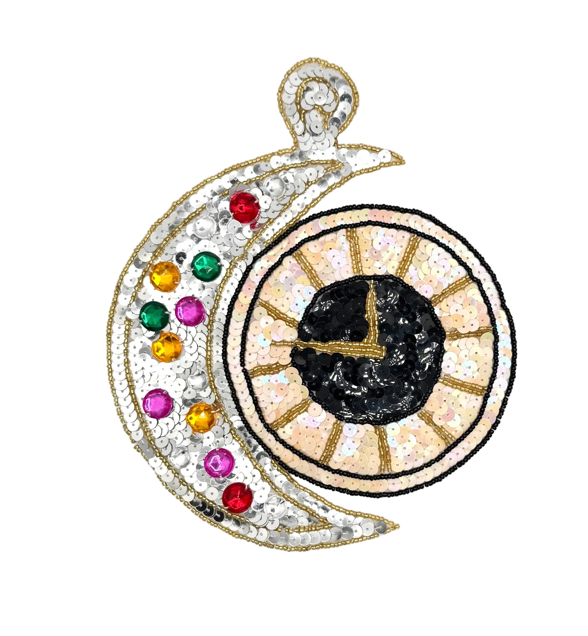 An sequin crescent moon and clock patch featuring a black center, gold hands, a cream-colored sunburst dial, and a silver crescent adorned with colorful rhinestones in red, green, yellow, and pink.