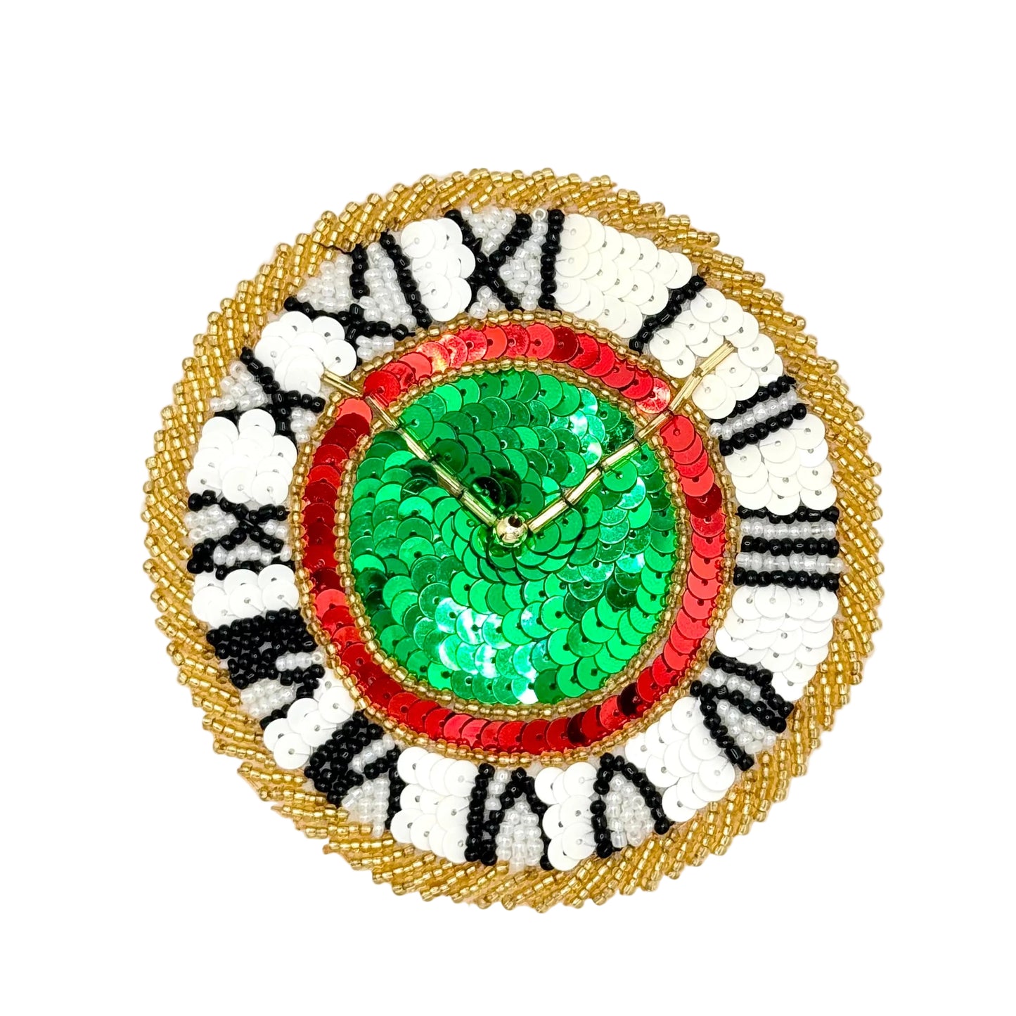 A sequin clock decorated with beaded Roman numerals in black and white, a red inner ring, and a green sequin center with gold hands.