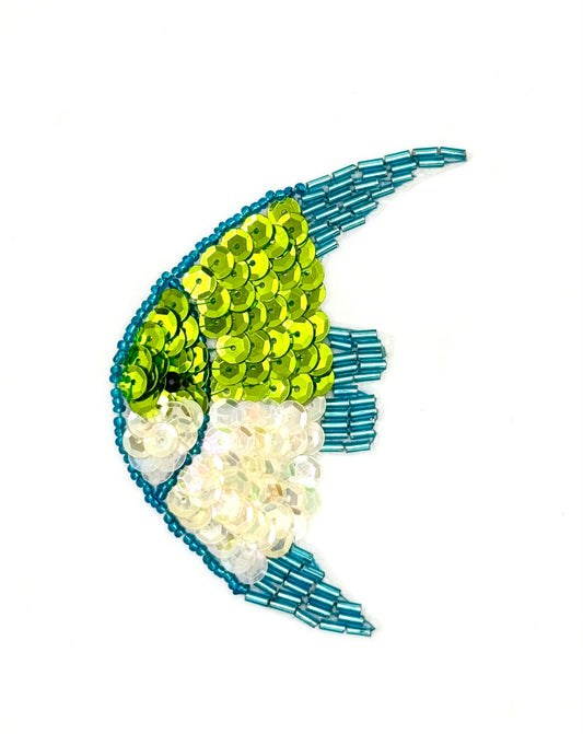 Fish with Lime Green and Iridescent Sequins and Turquoise and Blue Beads 3.75" x 2.75"