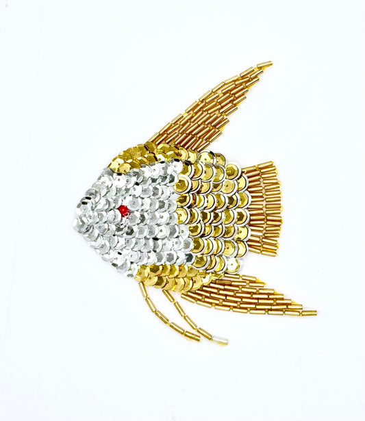 Fish with Gold and Silver Sequins and Gold Bugle Beads with Red Bead Eye 4.5" x 4"