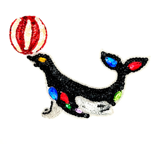 Seal with Ball - MultiColored Sequins, Beads and Costume Gems 6.75" x 4.75”