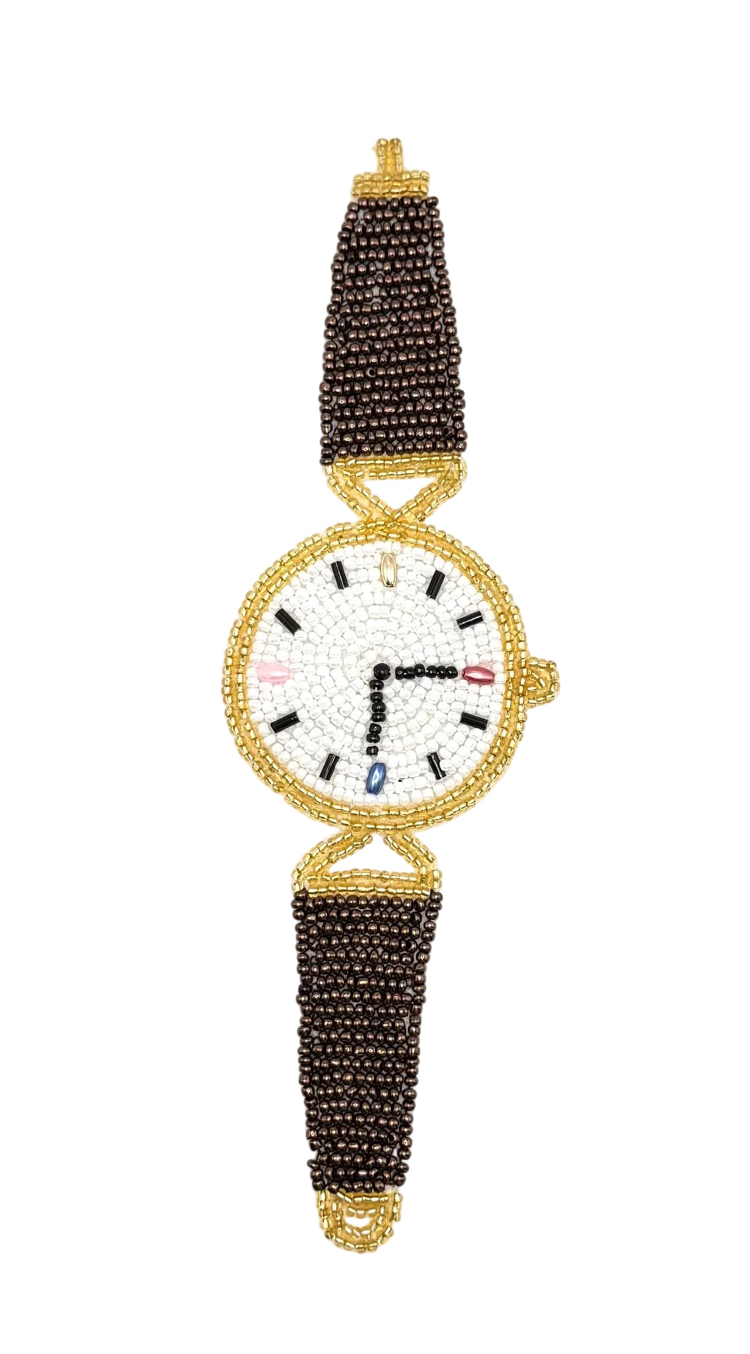 A unique beaded wristwatch featuring a round white dial with black hands and markers, surrounded by a gold-tone beaded bezel. The strap is composed of two textured sections: the top section is made of dark brown seed beads, and the bottom section is made of gold-tone beads with a small gold clasp.