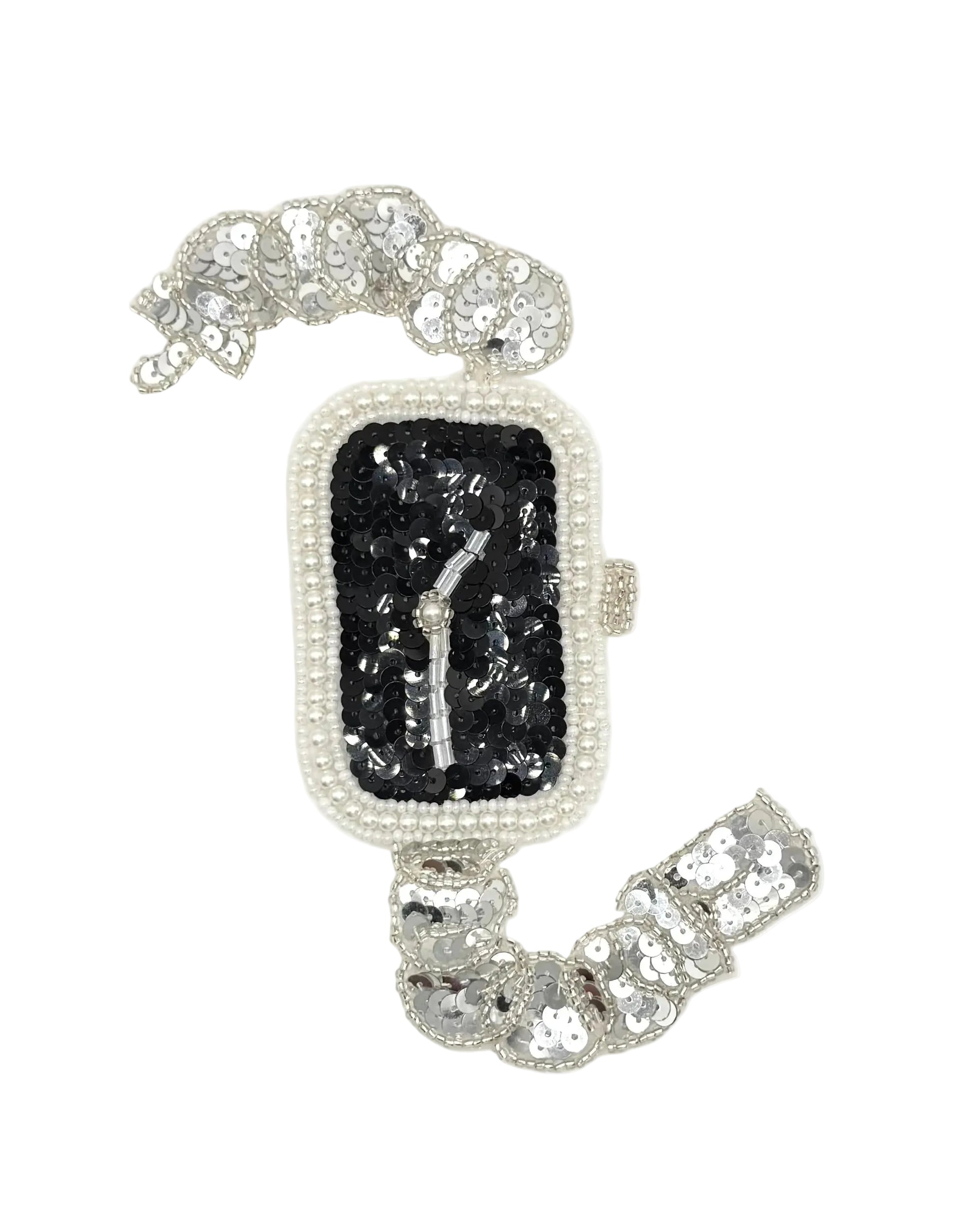 A decorative costume patch shaped like a wristwatch, featuring a black sequined face, a white beaded border, and silver sequined curved arms on a plain white background.