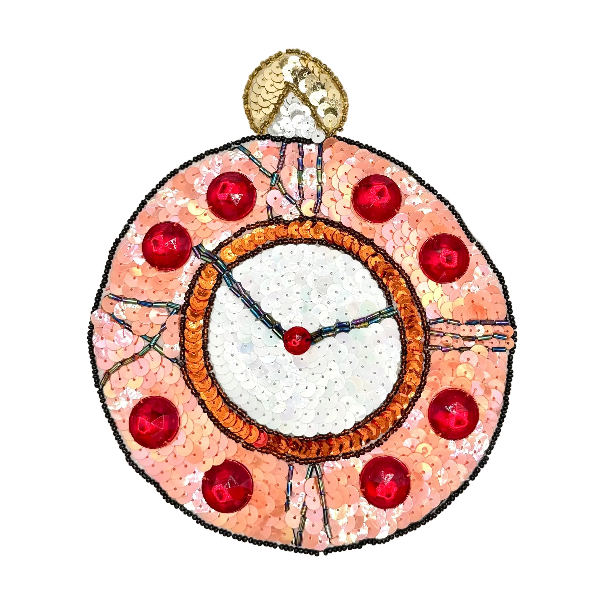 A round, handcrafted sequin clock applique or decorative wall clock featuring a peach-pink sequined outer ring, red faceted gem accents, a white center, and a gold-toned top loop, shown on a plain white background.