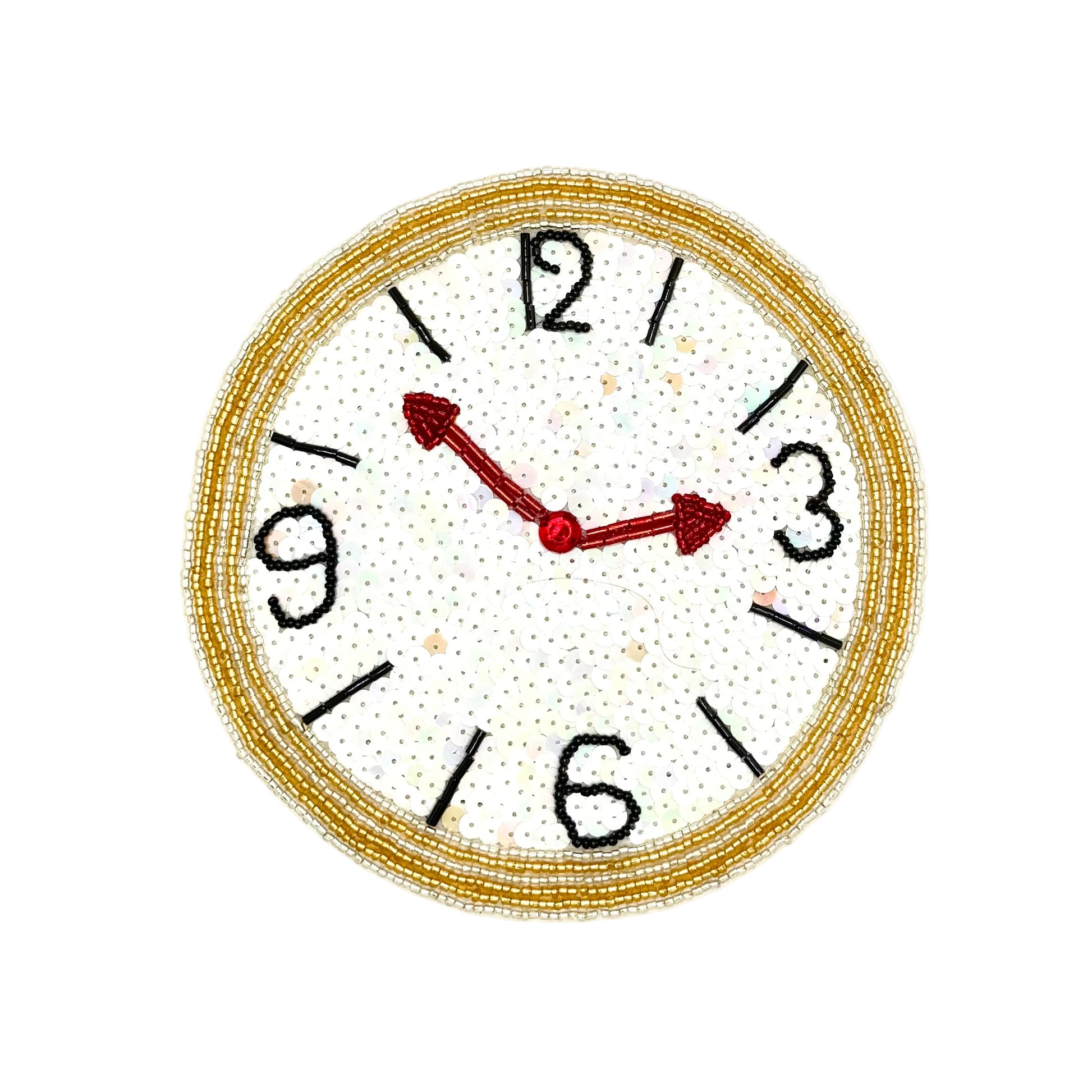 A circular clock face applique with a beaded silver and gold border, black Arabic numerals, and red hands on a white background.