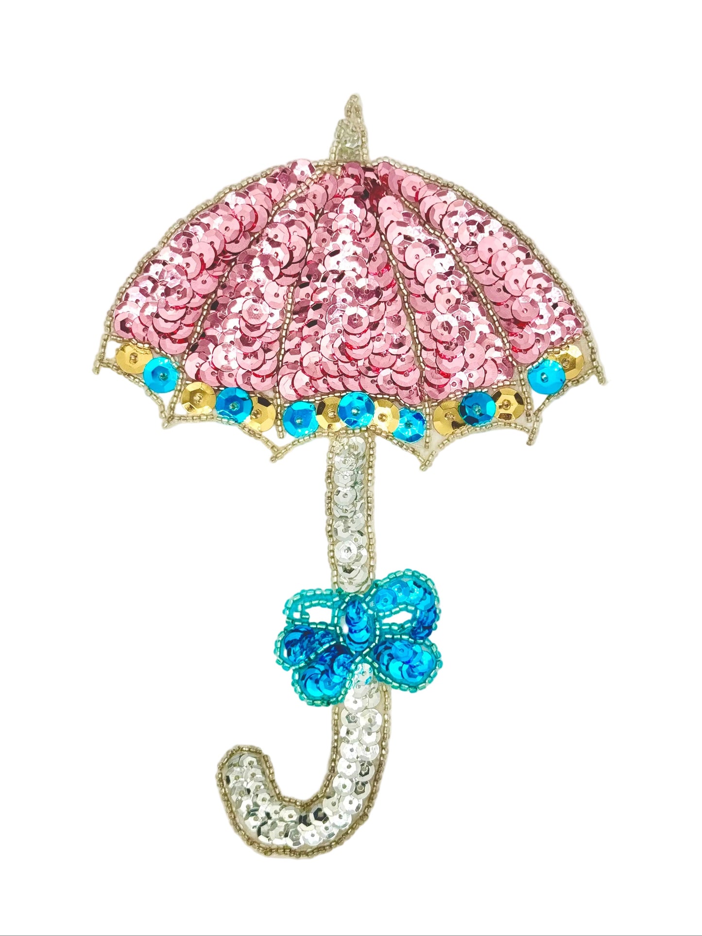 A decorative umbrella-shaped embellishment with pink sequins, blue bead accents, and a blue bow detail on a white background.